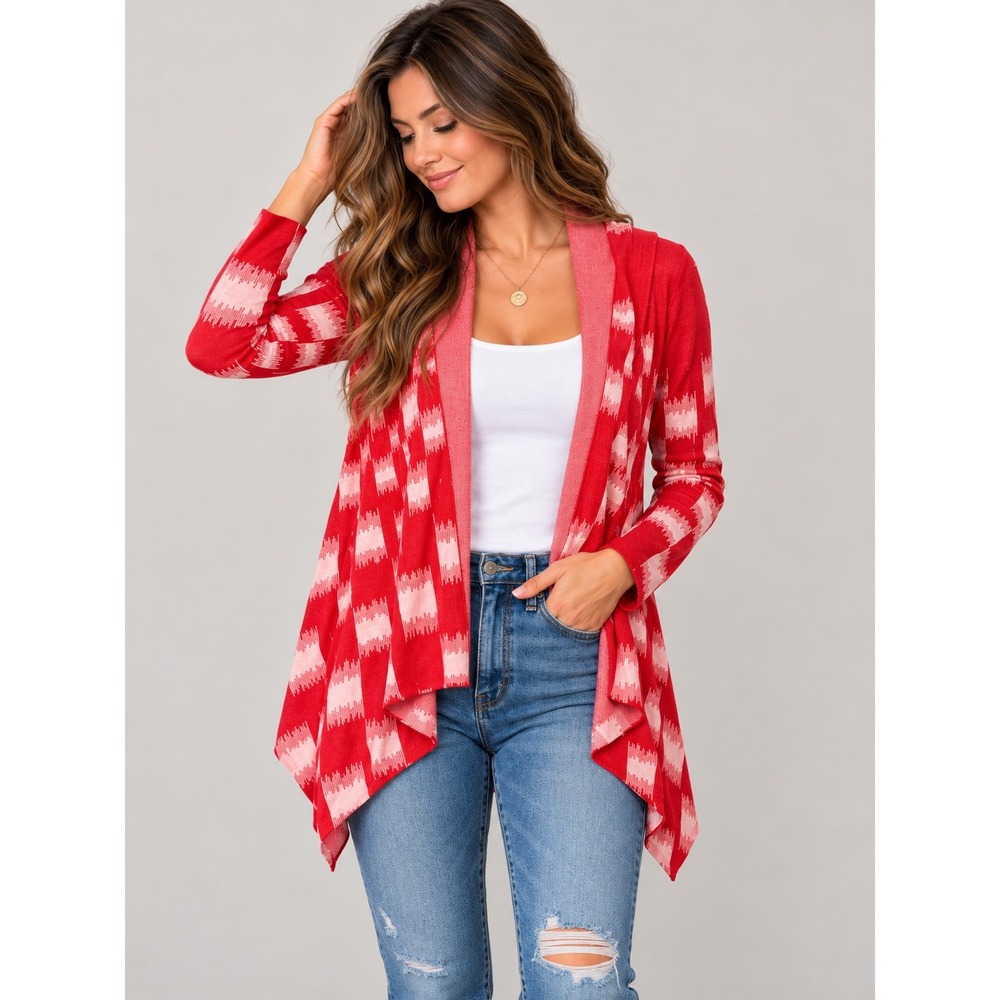 BCBGMAXAZRIA Women's M/L Red Pink Silk Cotton Draped Waterfall Cardigan Sweater